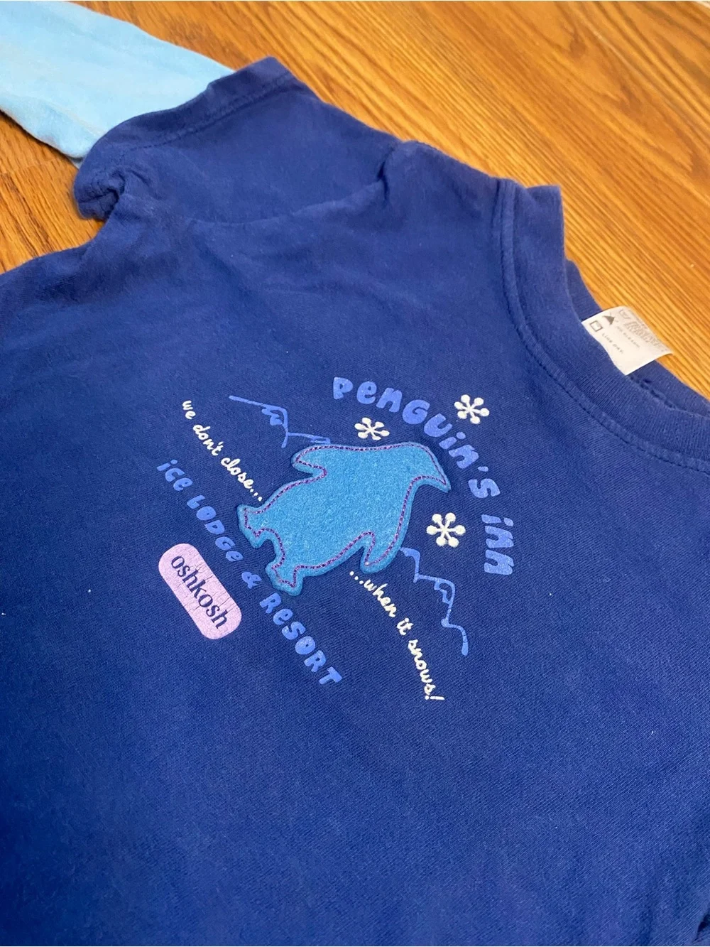 Y2K Blue Layered Long-Sleeve Kids Top with Penguin Graphic